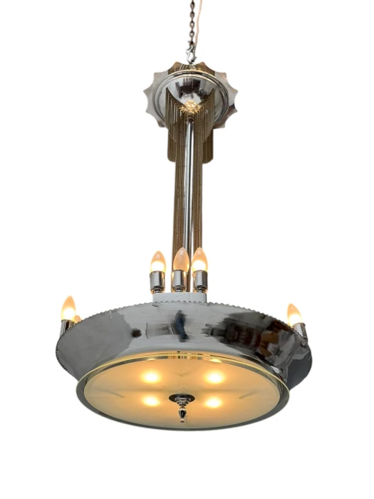 Art Deco Chandelier, Chrome & Glass, Dutch Design, 1930s